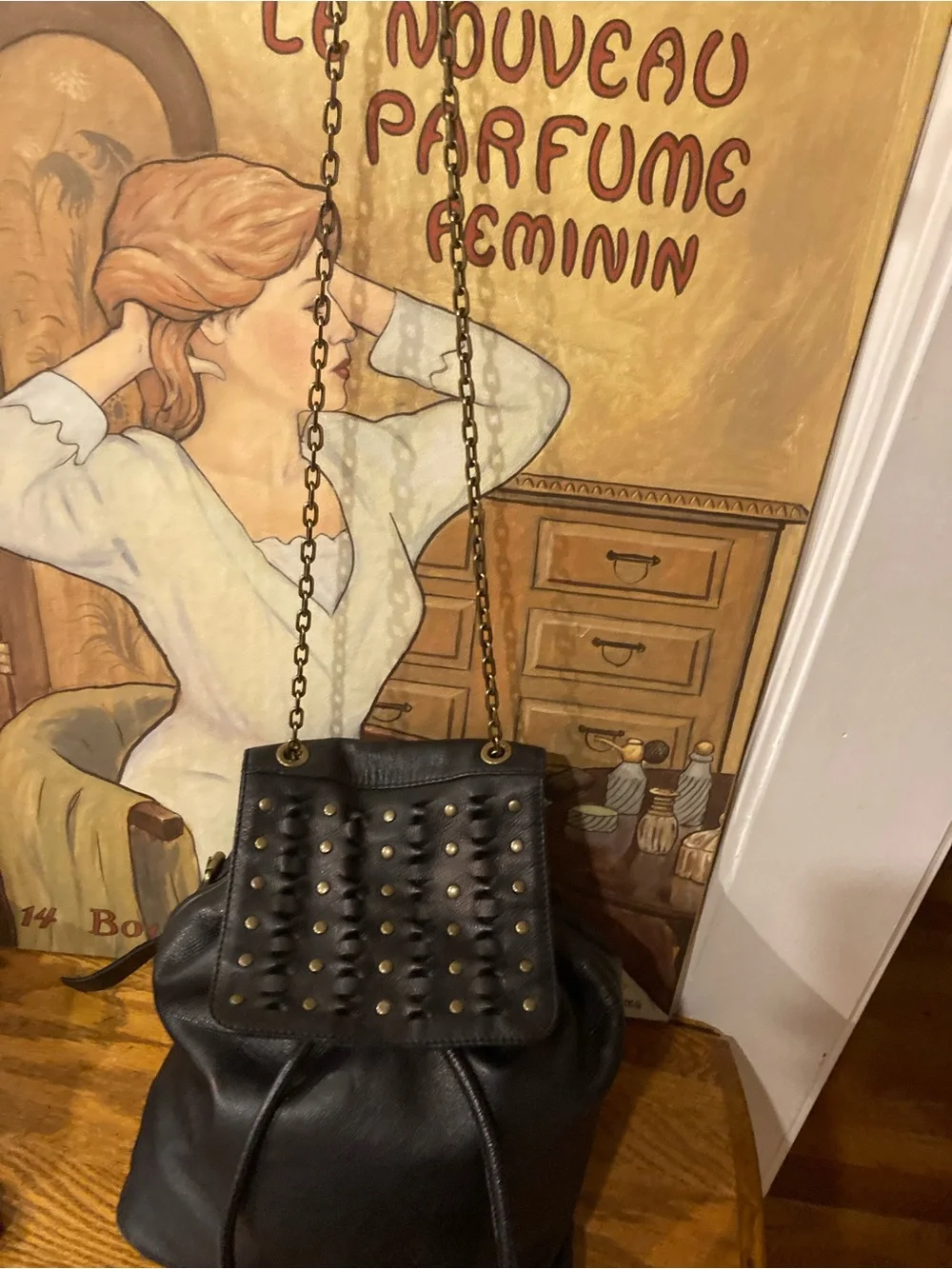 Frye Jade Studded Leather Convertible Leather Backpack with Chain Strap Black